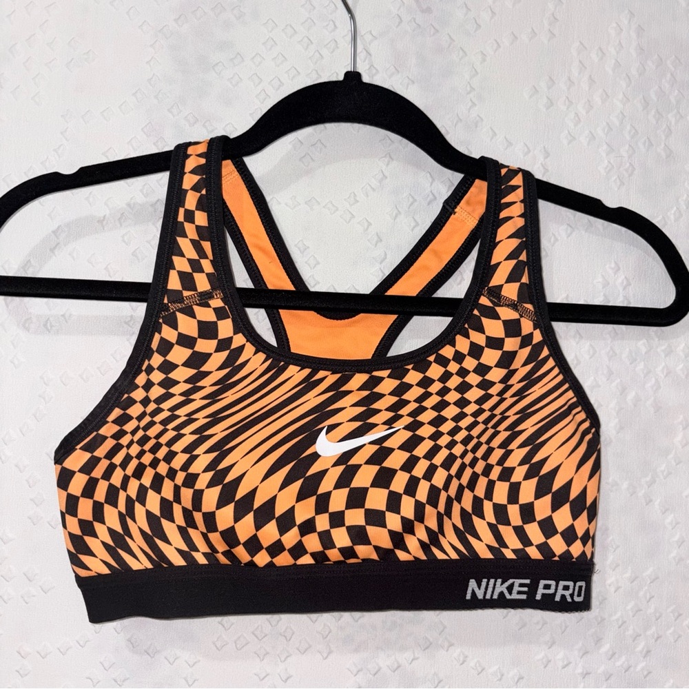 Nike Pro Dri-Fit Sports Bra Orange Black Checkered Racerback Activewear Small